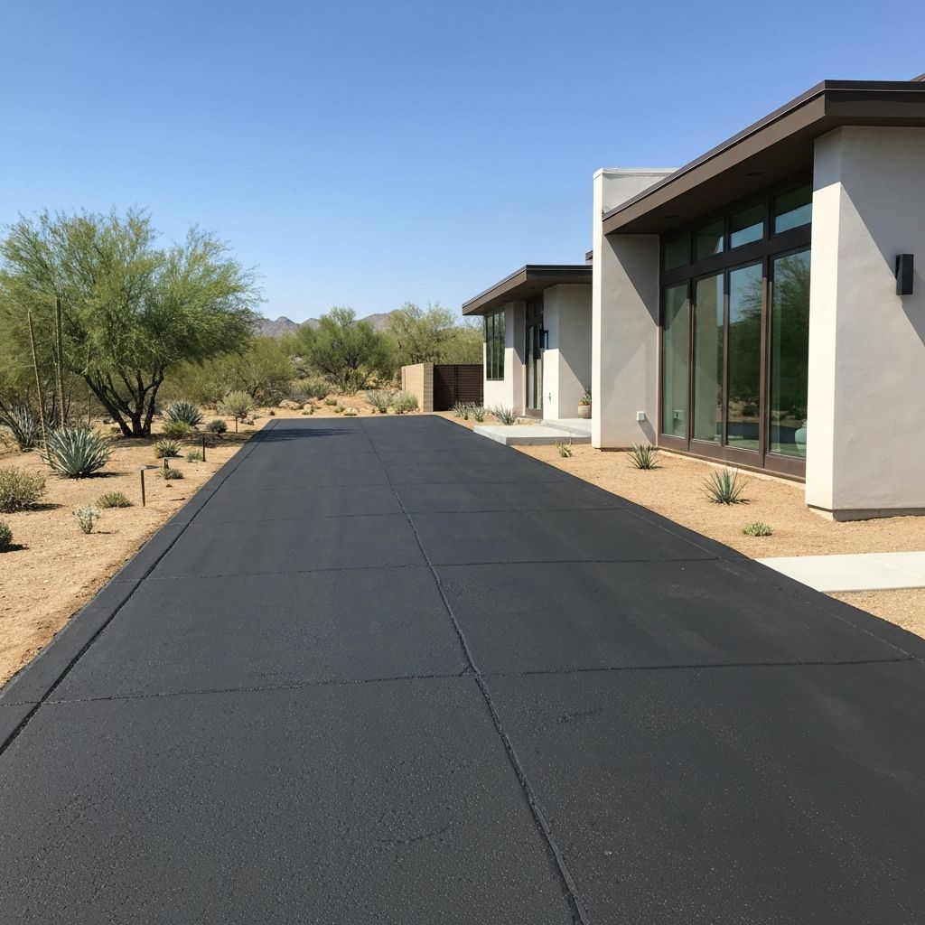 Freshly paved smooth asphalt residential driveway next to a modern California home in Sunnyvale