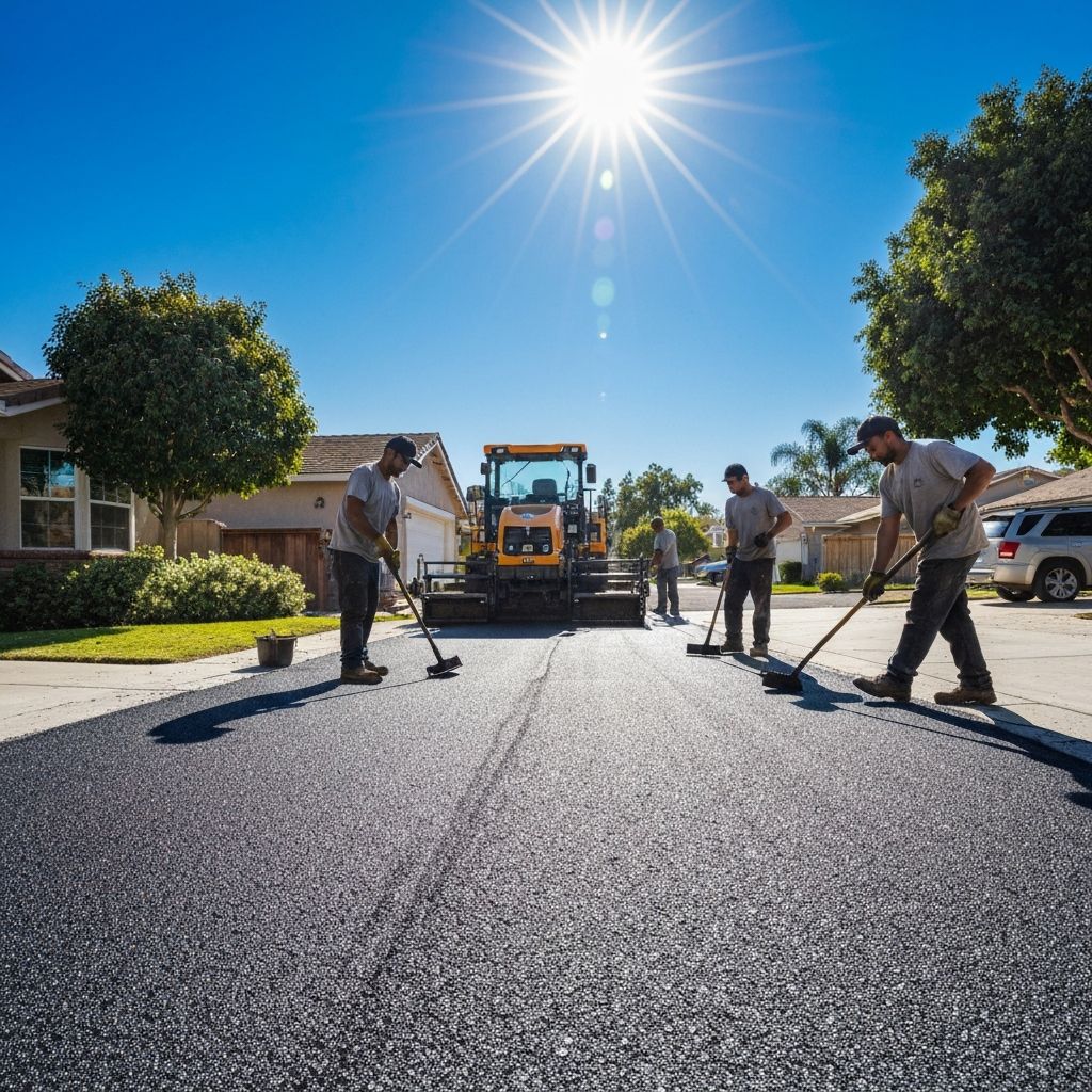 Crew laying fresh asphalt for a new residential driveway in Sunnyvale, CA